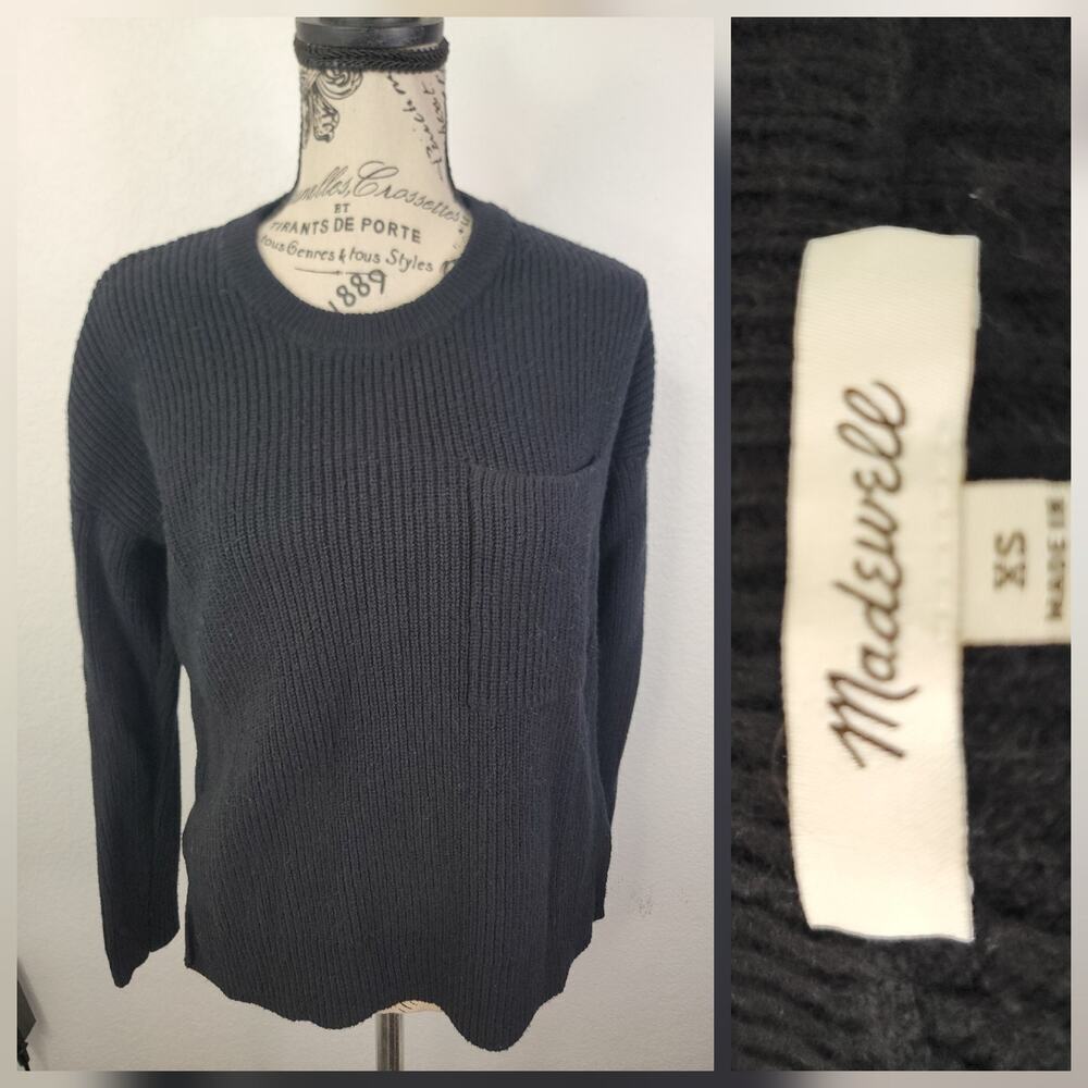 Madewell Thompson Pocket Pullover Knit Sweater Size XS Boxy Boyfriend Fit Black